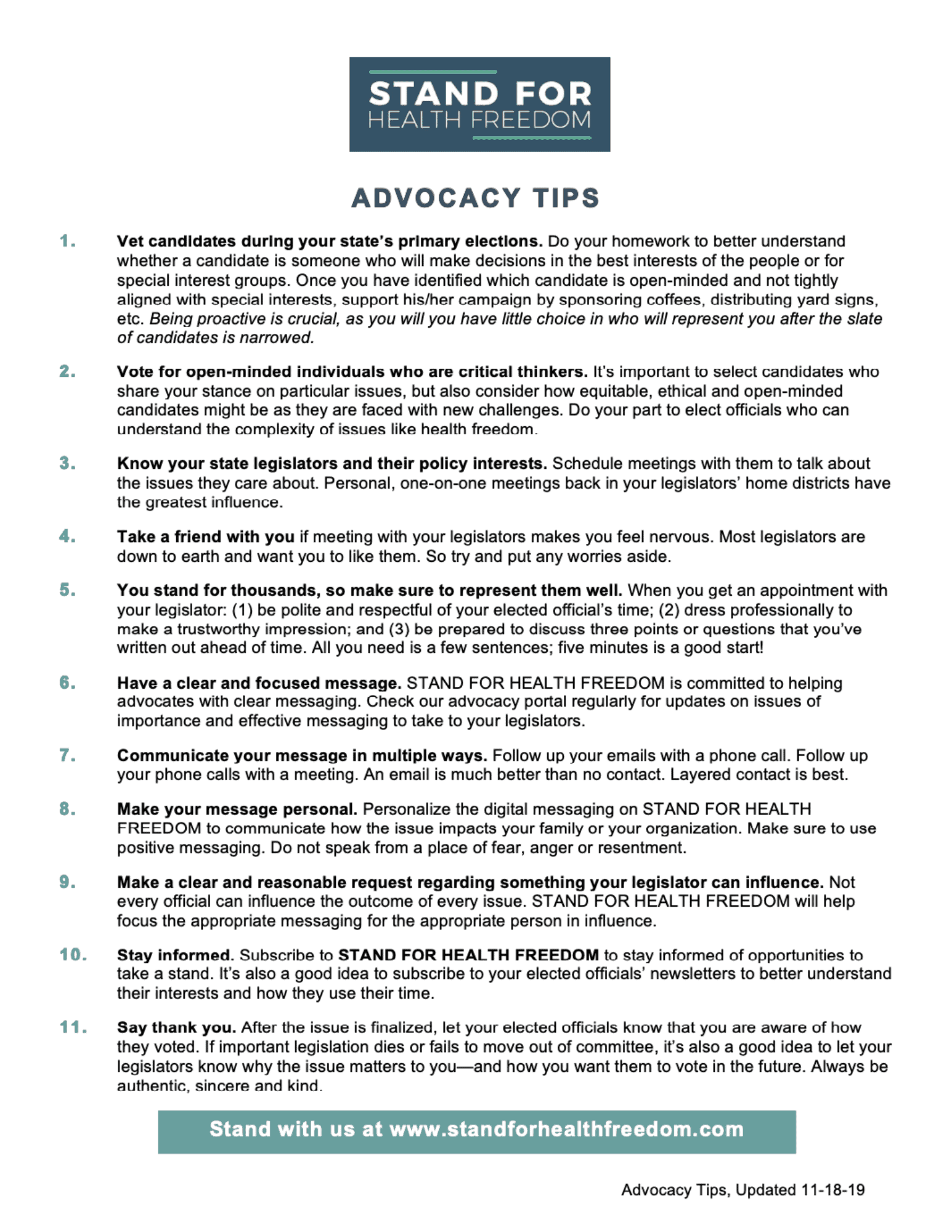 Advocacy Tips | Stand For Health Freedom